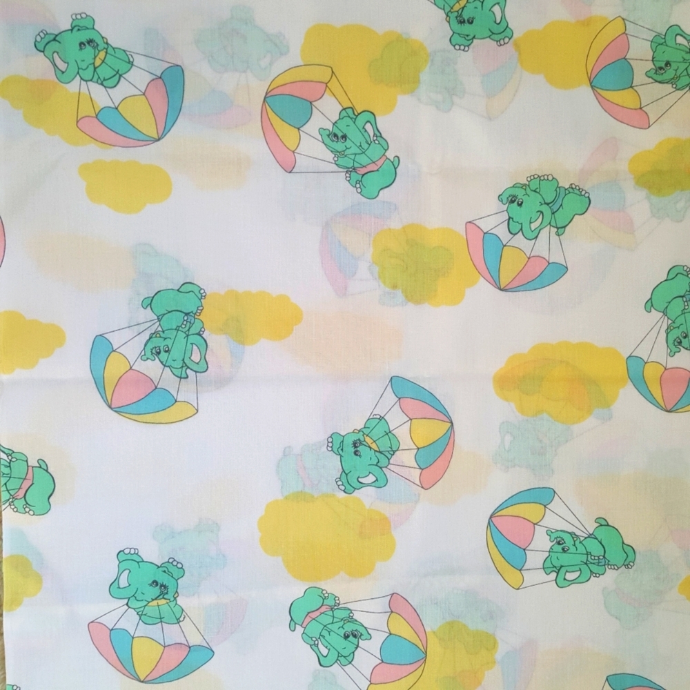Vintage fabric. Aqua elephants. Yellow cloud. Rainbow umbrella.